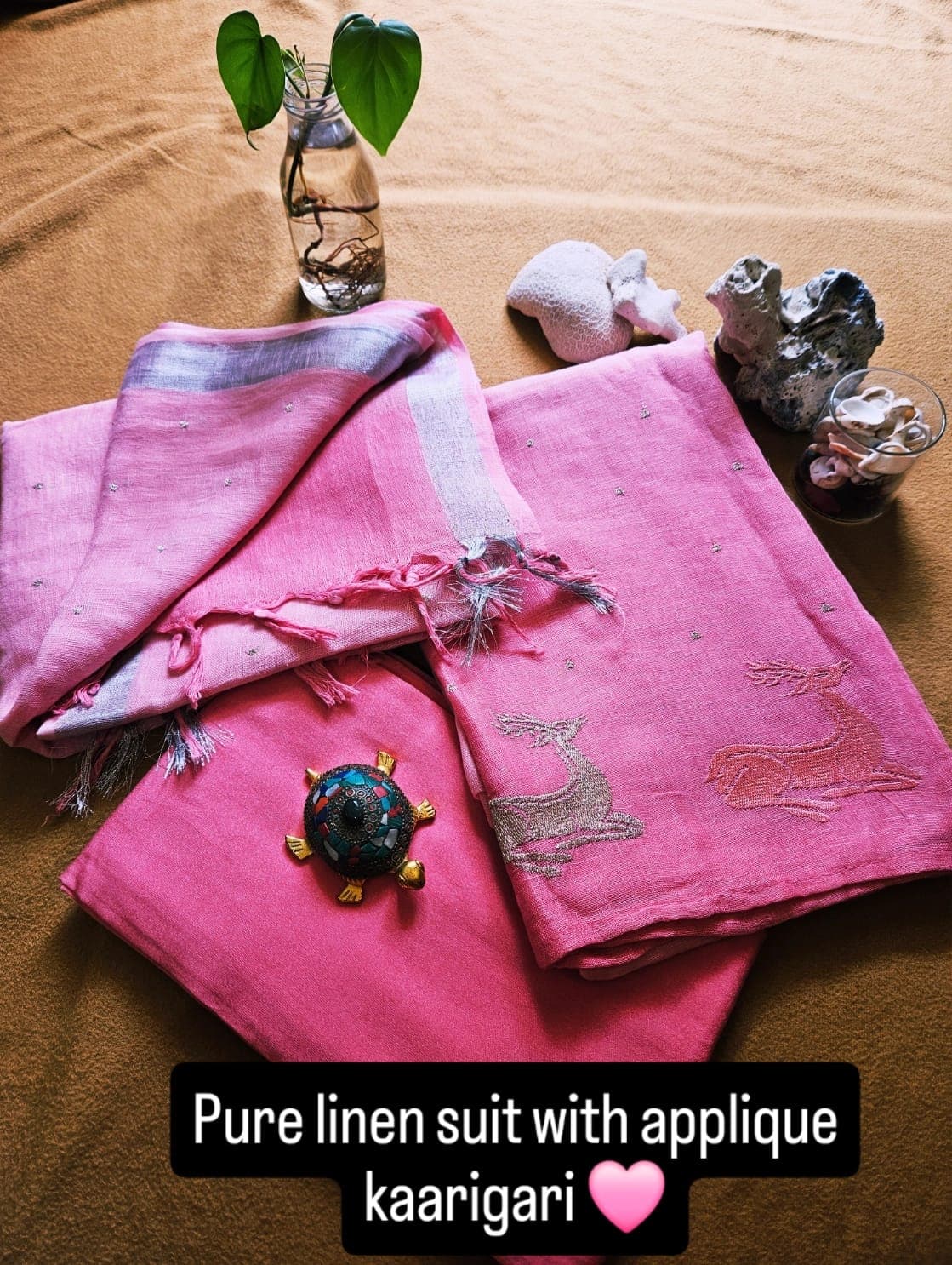 Pure linen suit with applique kaarigari