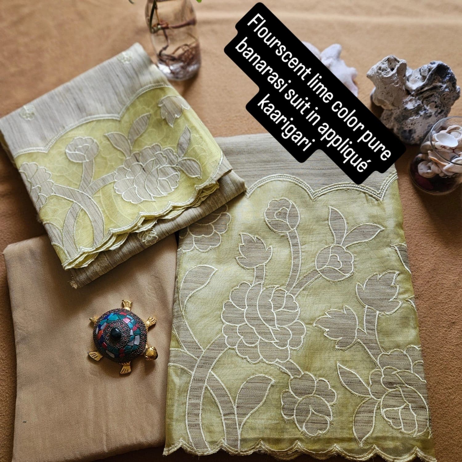 Flourscent lime color pure banarasi suit
