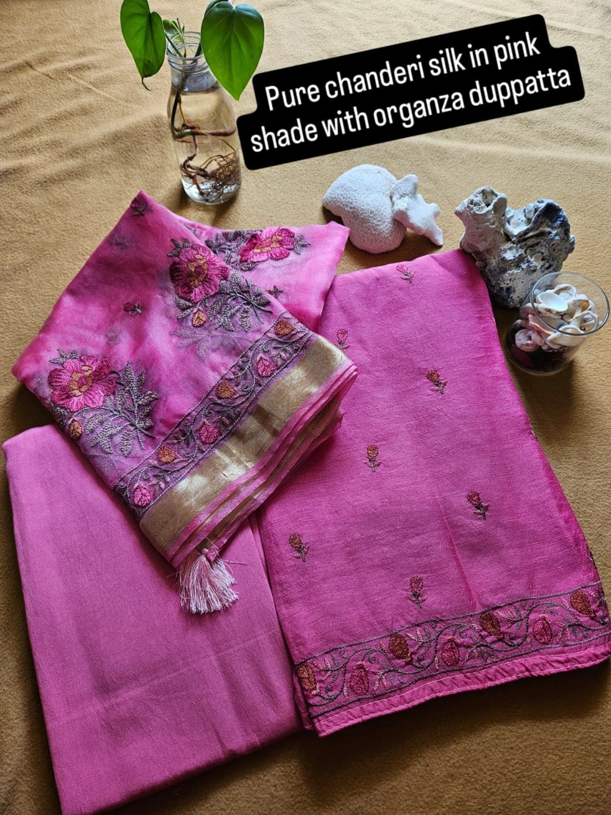 Pure chanderi silk in pink shade with organza duppatta