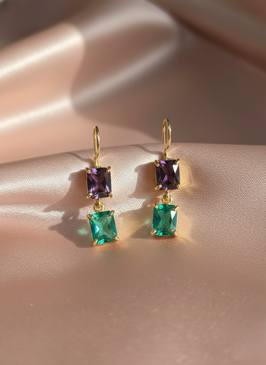 Mora Mora Emerald Amethyst Duo Drop Earrings