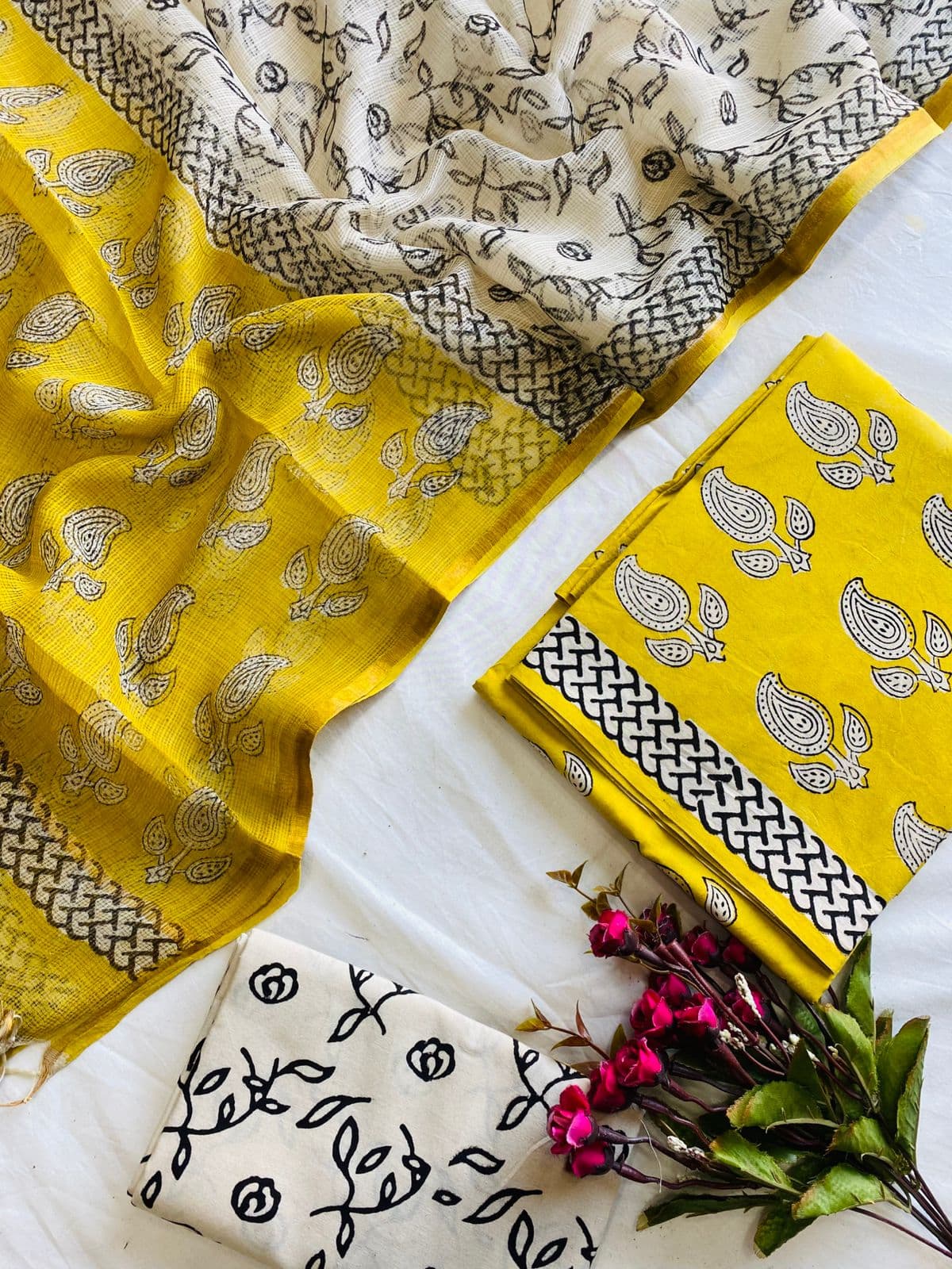 Suryika Pure Cotton Handblock Suit Set with Kota Doria Dupatta – Yellow & Ivory | Mora Mora