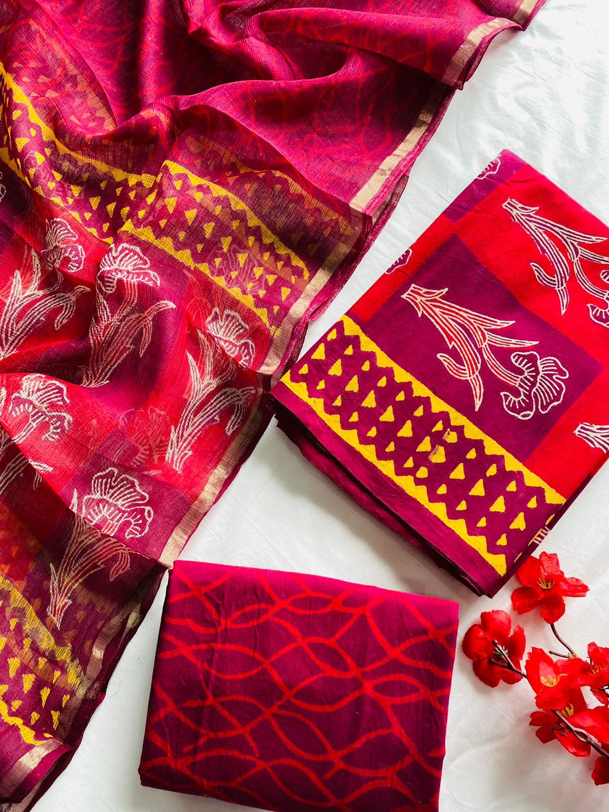 Ruhani Pure Cotton Handblock Suit Set with Kota Doria Dupatta – Crimson Red & Mustard | Mora Mora