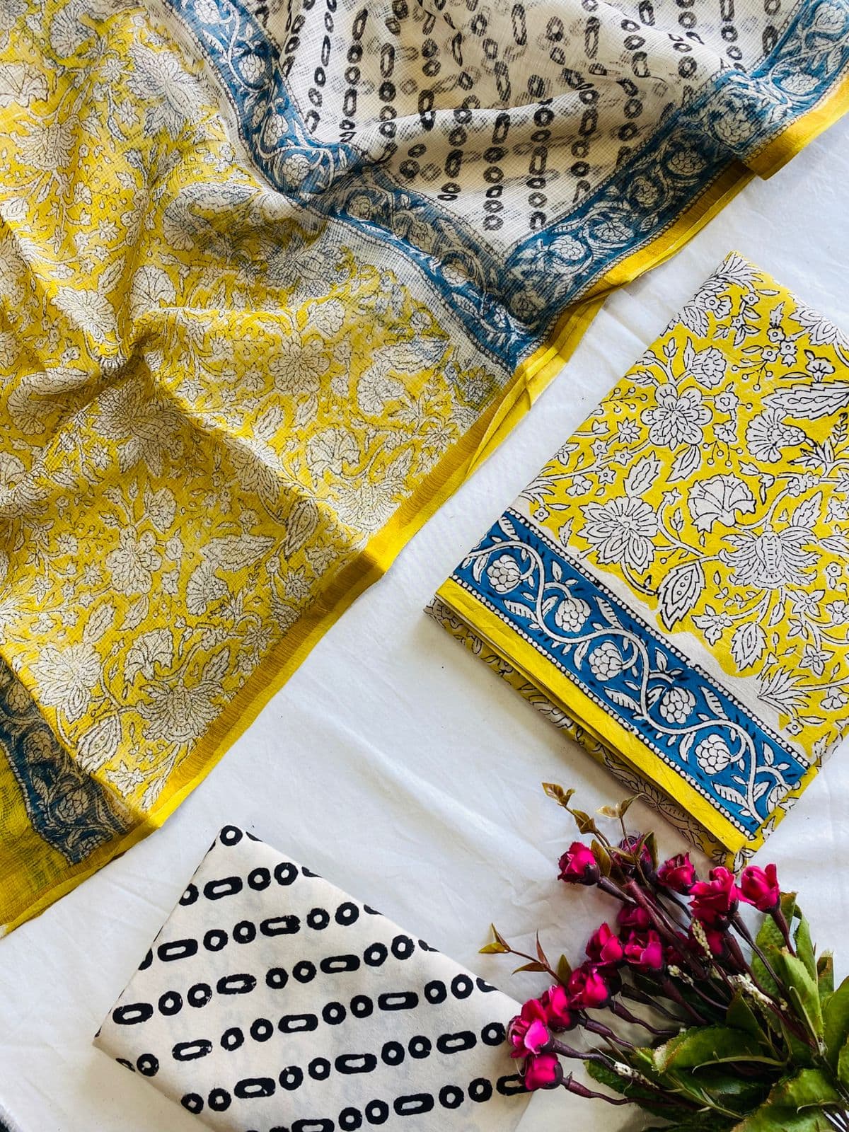 Aarini Pure Cotton Handblock Suit Set with Kota Doria Dupatta – Yellow & Blue Floral | Mora Mora