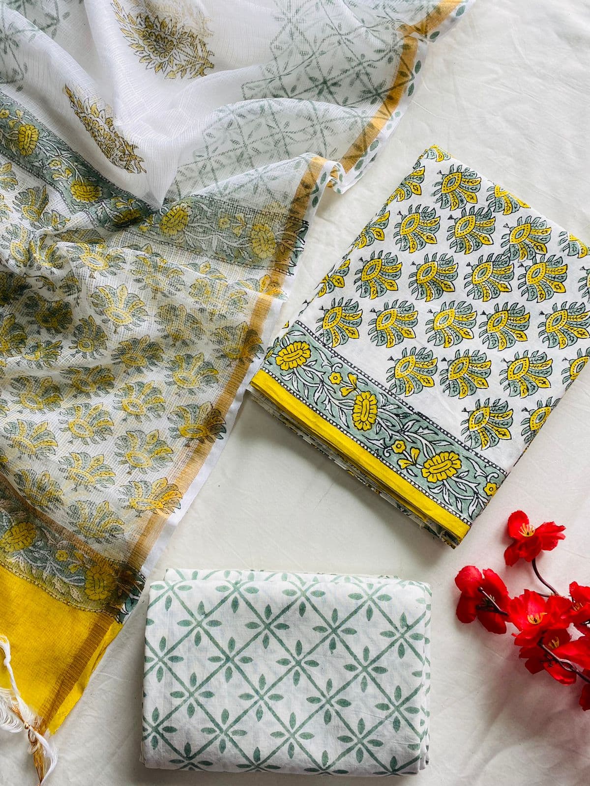 Vihana Pure Cotton Handblock Suit Set with Kota Doria Dupatta – Yellow & Sage Floral | Mora Mora