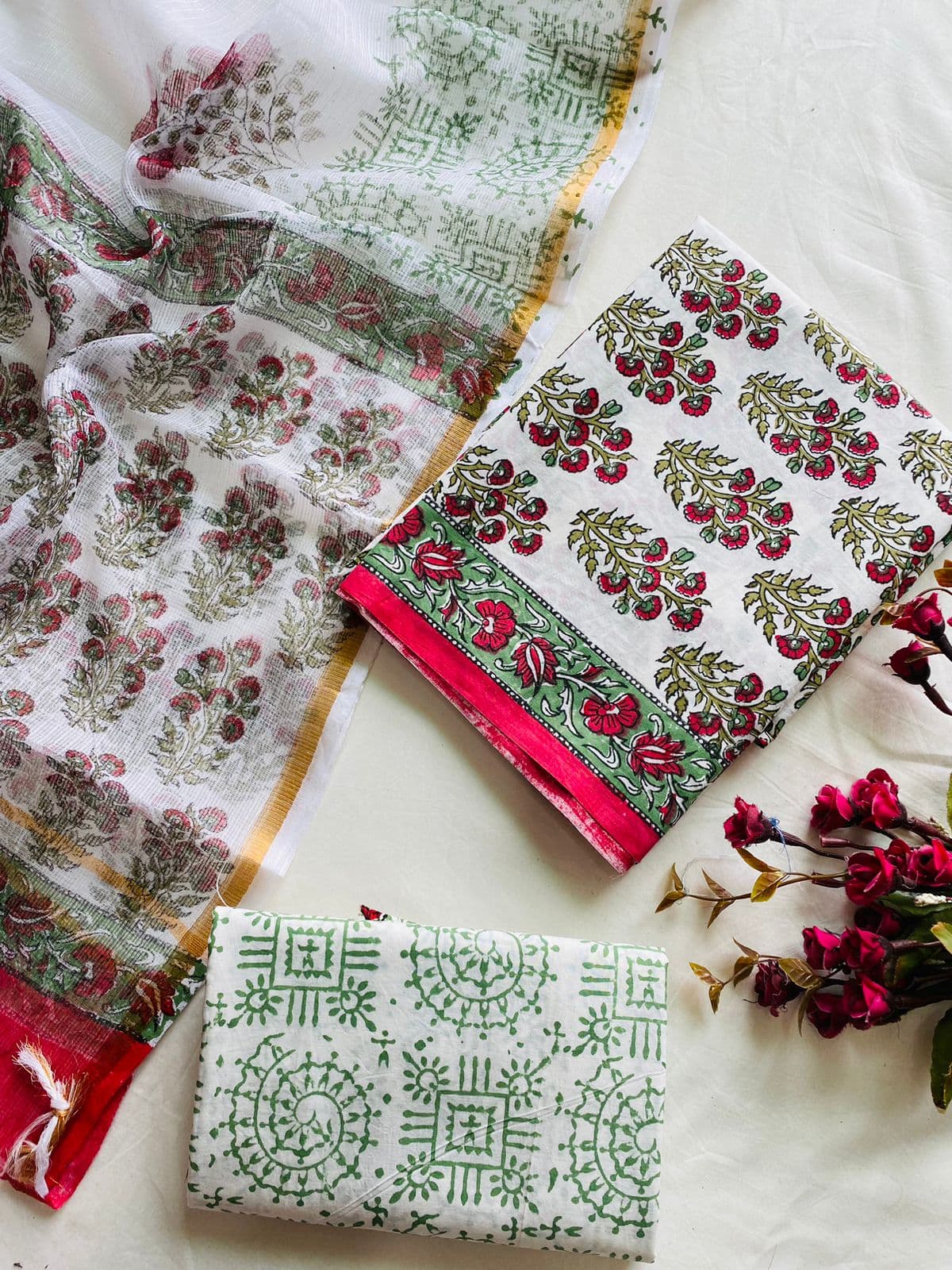 Vrinda Pure Cotton Handblock Suit Set with Kota Doria Dupatta – Red & Green Floral | Mora Mora