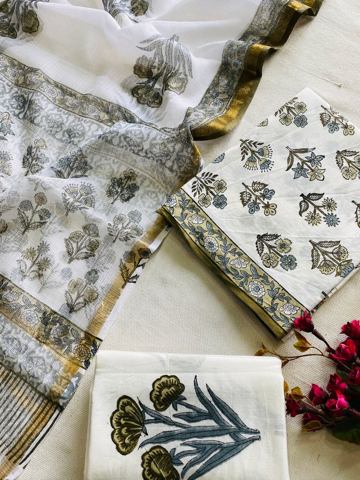 Aavya Pure Cotton Handblock Suit Set with Kota Doria Dupatta – Ivory & Olive Floral | Mora Mora