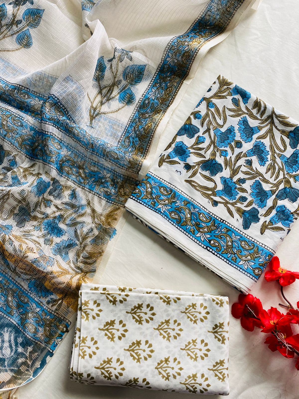 Neelaya Pure Cotton Handblock Suit Set with Kota Doria Dupatta – Ivory & Blue Floral | Mora Mora