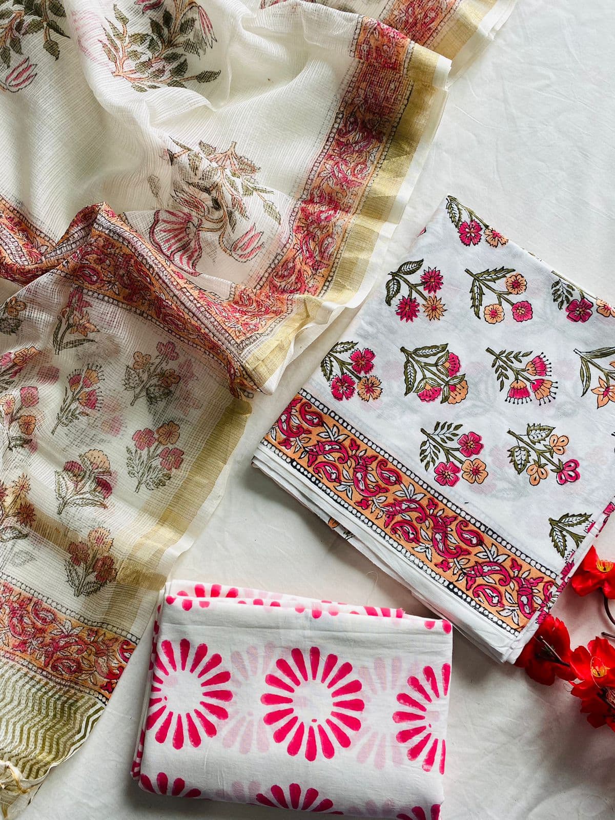 Kashvi Pure Cotton Handblock Suit Set with Kota Doria Dupatta – Ivory & Pink Floral | Mora Mora
