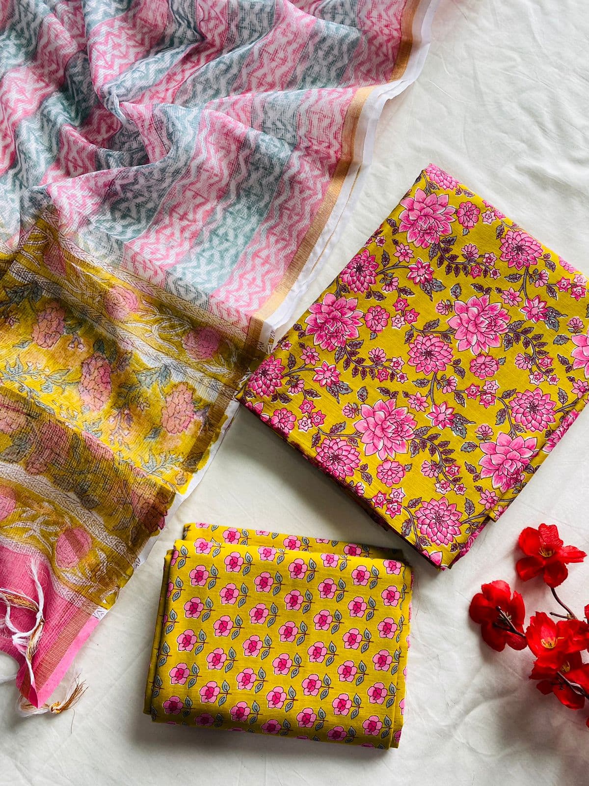 Pushpika Pure Cotton Handblock Suit Set with Kota Doria Dupatta – Mustard Yellow & Pink Floral | Mora Mora