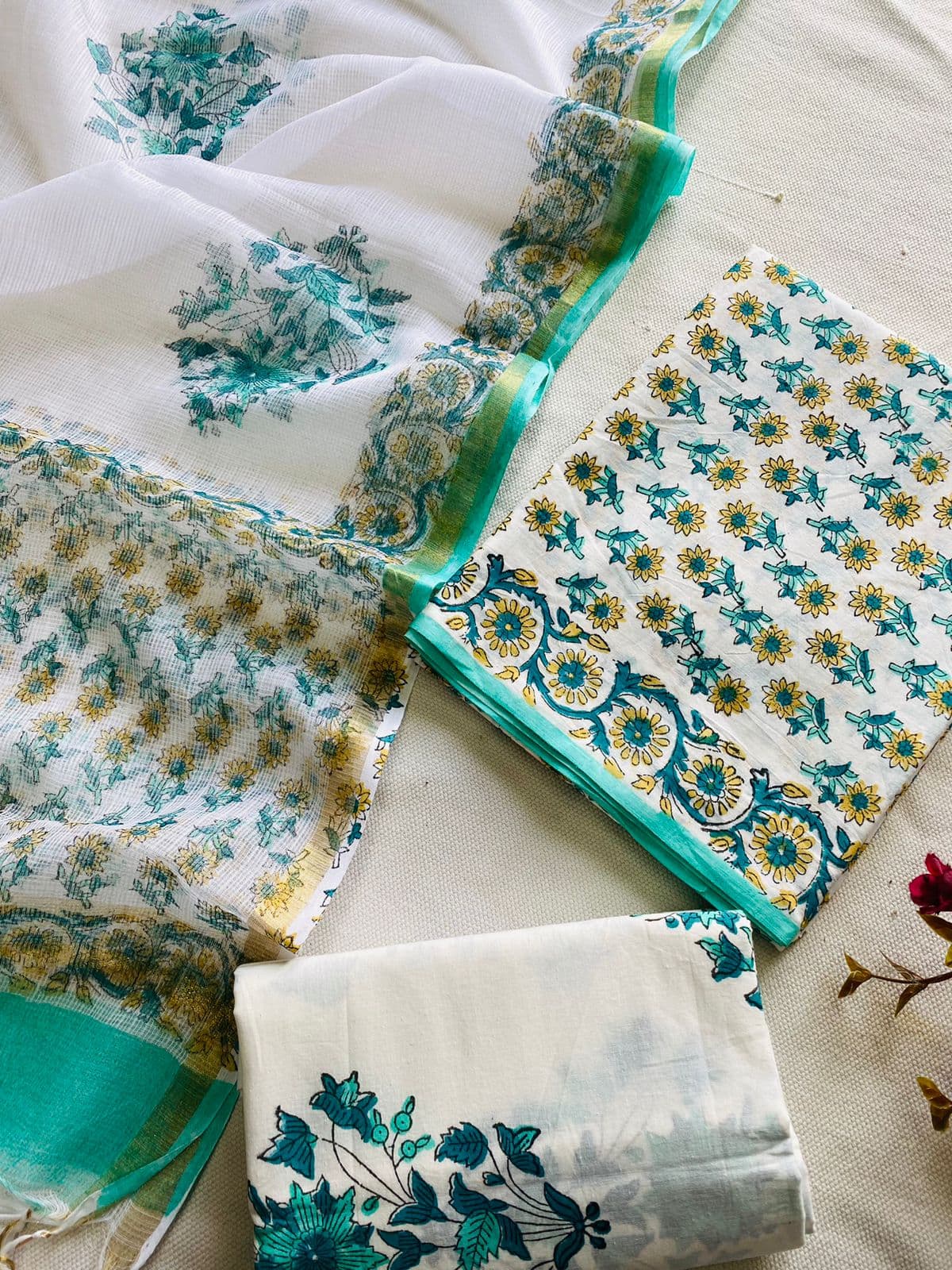 Tarini Pure Cotton Handblock Suit Set with Kota Doria Dupatta – Ivory & Aqua Green Floral | Mora Mora