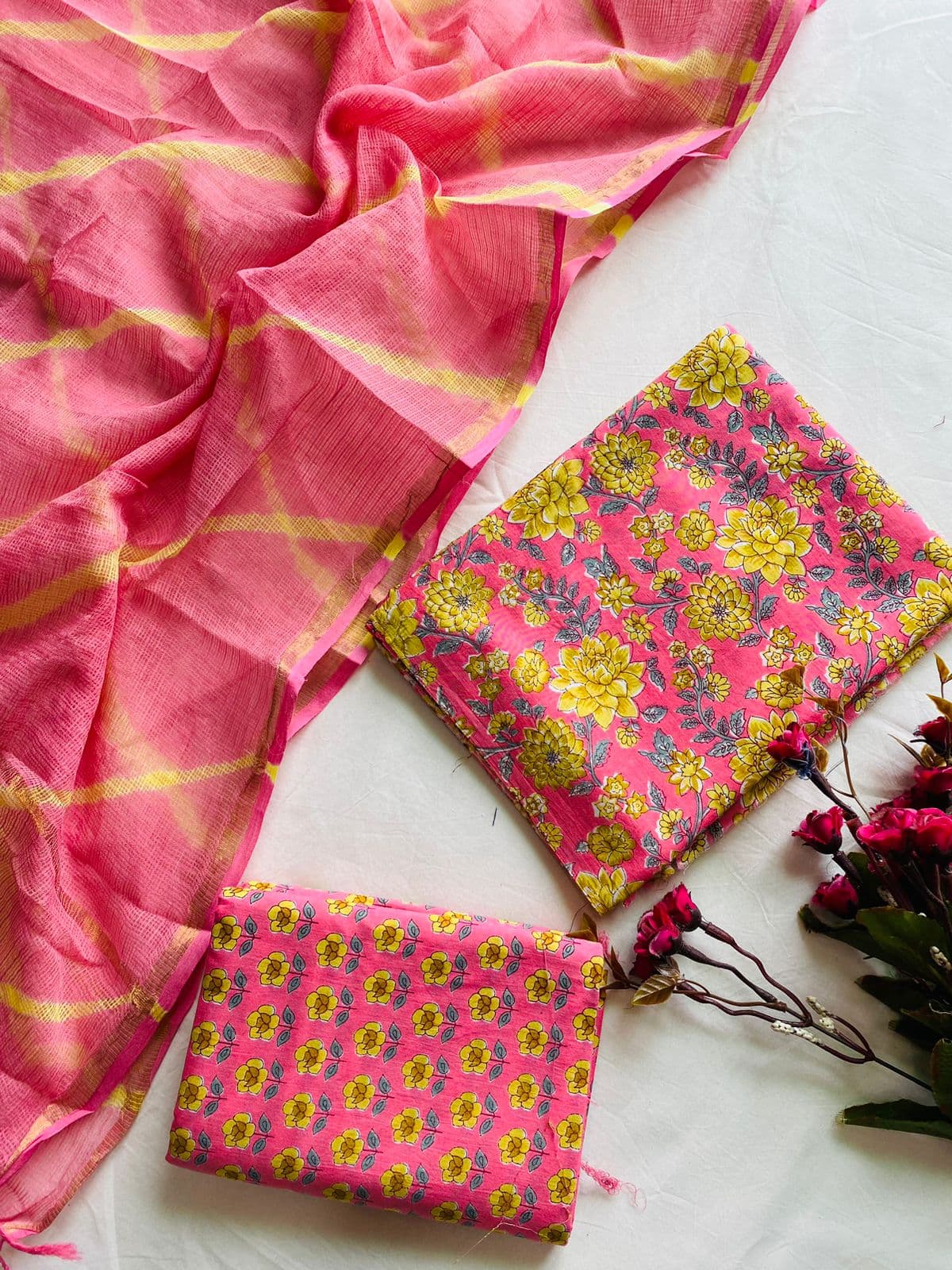 Phoolika Pure Cotton Handblock Suit Set with Kota Doria Dupatta – Pink & Yellow Floral | Mora Mora