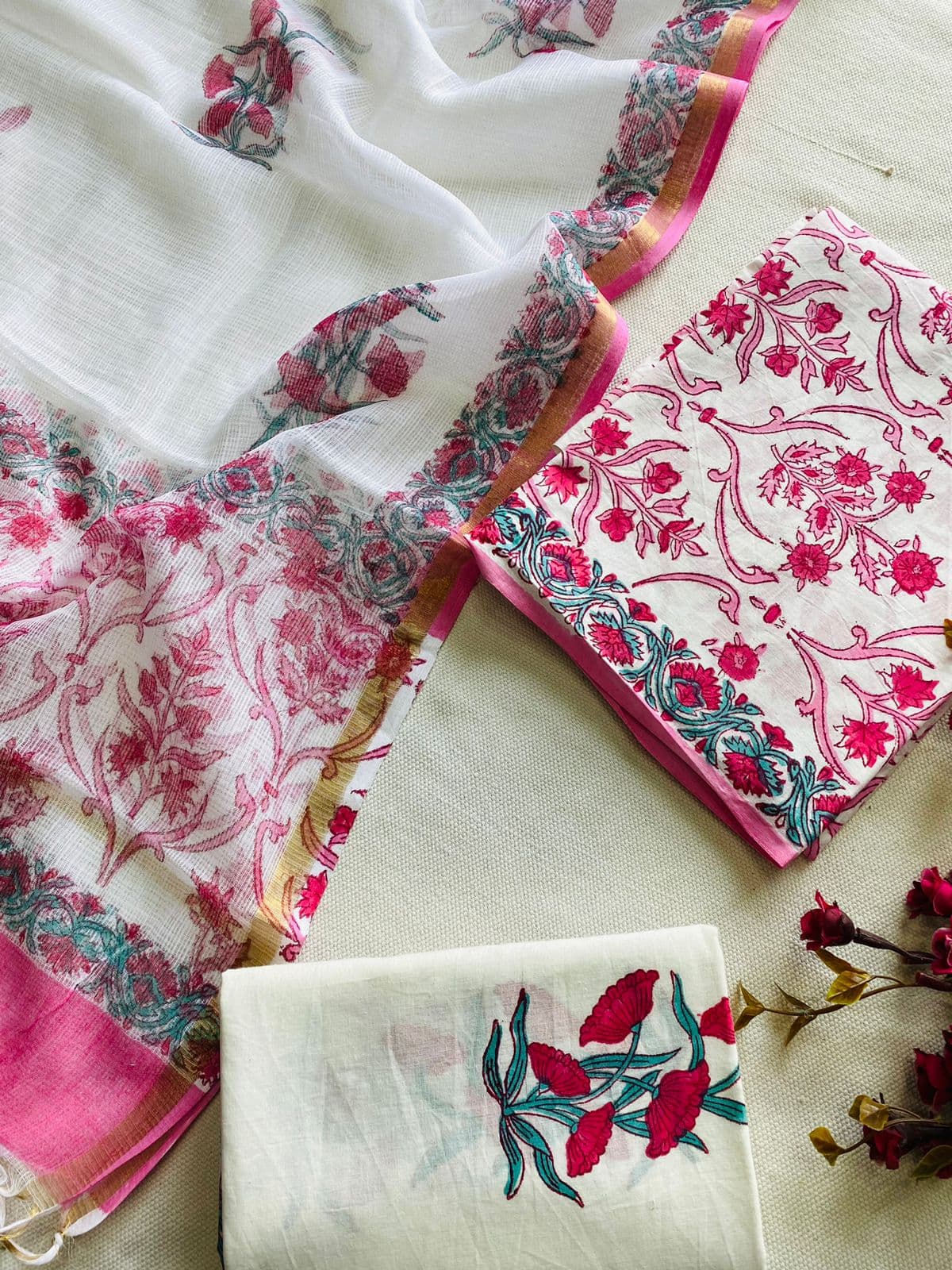 Ruhika Pure Cotton Handblock Suit Set with Kota Doria Dupatta – Ivory & Rose Pink Floral | Mora Mora