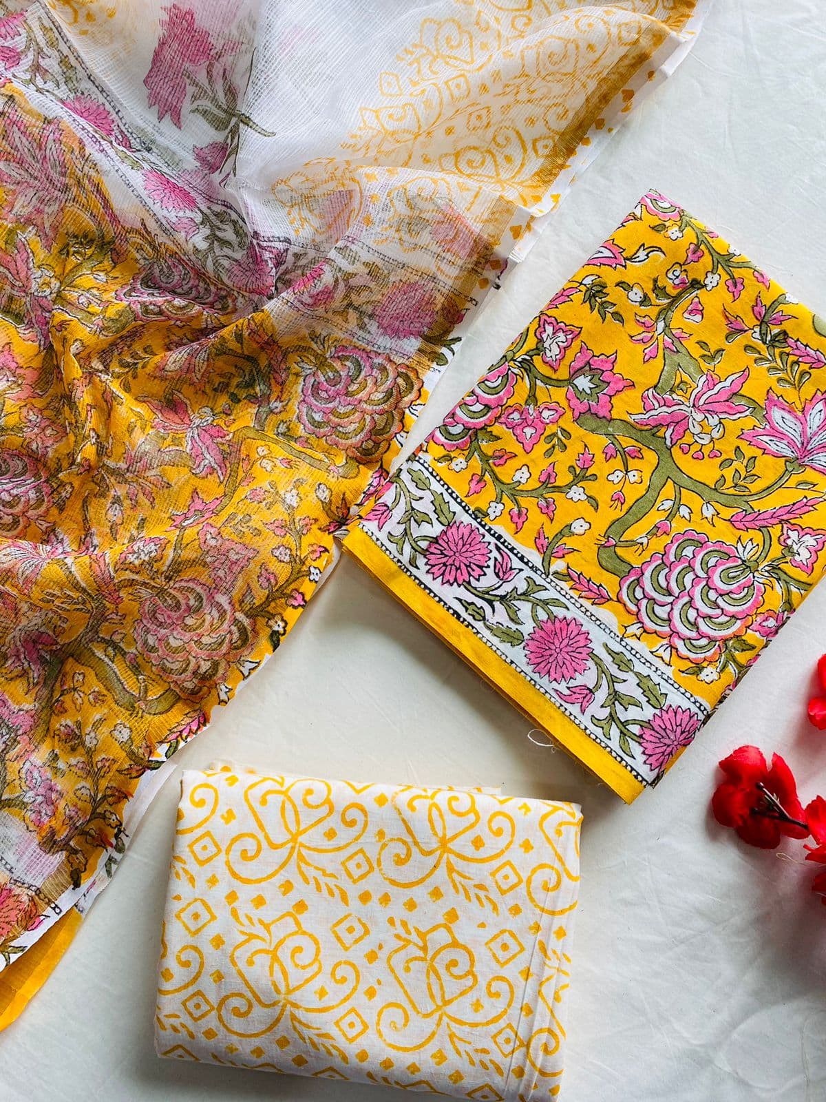Vasanti Pure Cotton Handblock Suit Set with Kota Doria Dupatta – Mustard Yellow & Pink Floral | Mora Mora