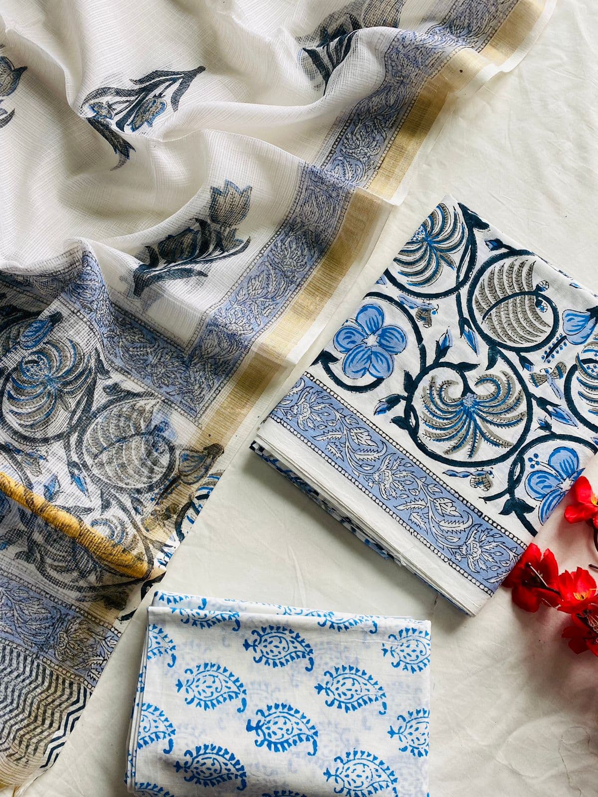 Neerja Pure Cotton Handblock Suit Set with Kota Doria Dupatta – Ivory & Indigo Blue Floral | Mora Mora